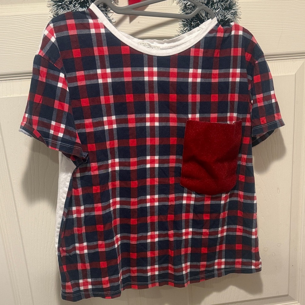 Zara Red and Blue Plaid Short Sleeve Tee